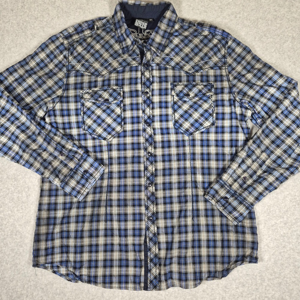 Y2K NOTW (Not Of This World) Button Down Shirt Mens 3XL Blue Plaid Embroidered